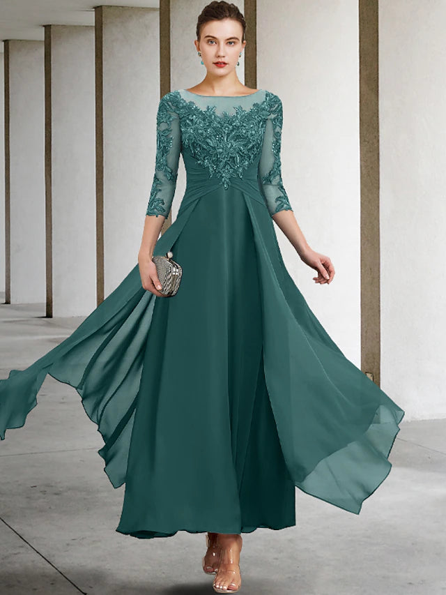 A-Linien-Kleid für die Mutter der Braut, Hochzeitsgast, Übergröße, elegant, Rundhalsausschnitt, knöchellang, Chiffon, Spitze, 3/4-Ärmel mit gerüschten Pailletten-Applikationen